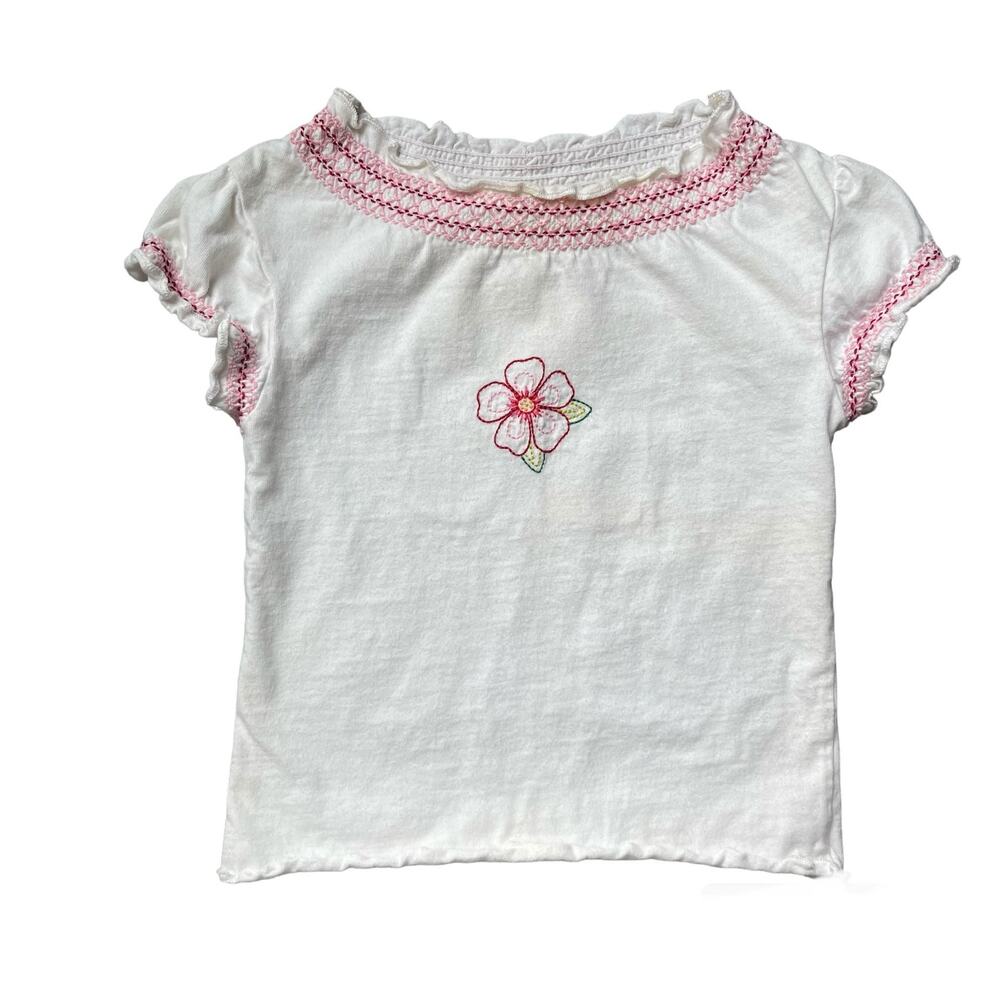 Baby GAP Infant 6-12 Months White Short Sleeve Elastic Smocked Flower Top Tee